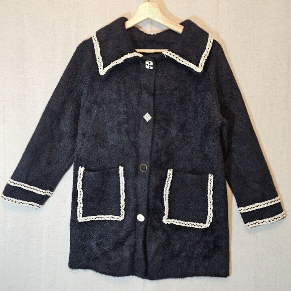 Black Knit Jacket With Contrast Ivory Trim Mixed Buttons Soft Fuzzy Small - Picture 1 of 8